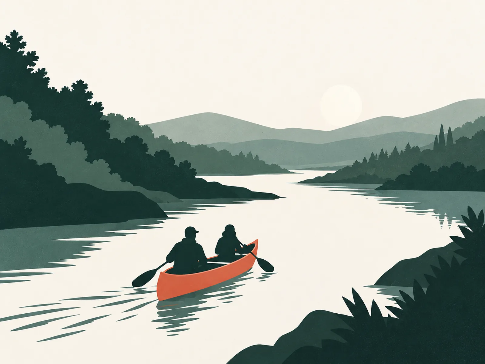 Two paddlers take a coral canoe down a calm river