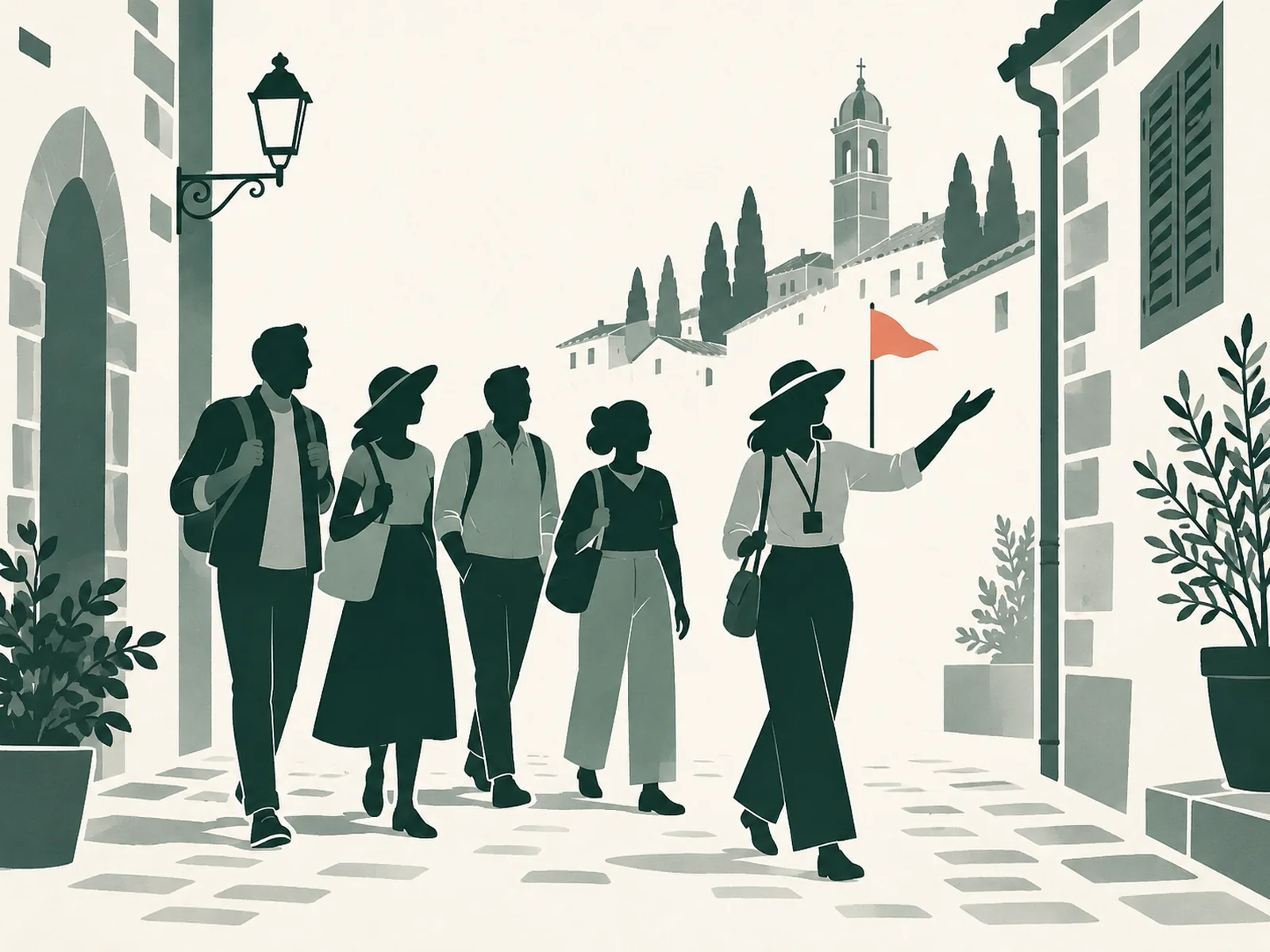 A guide with a coral flag leads a small walking group through an old town