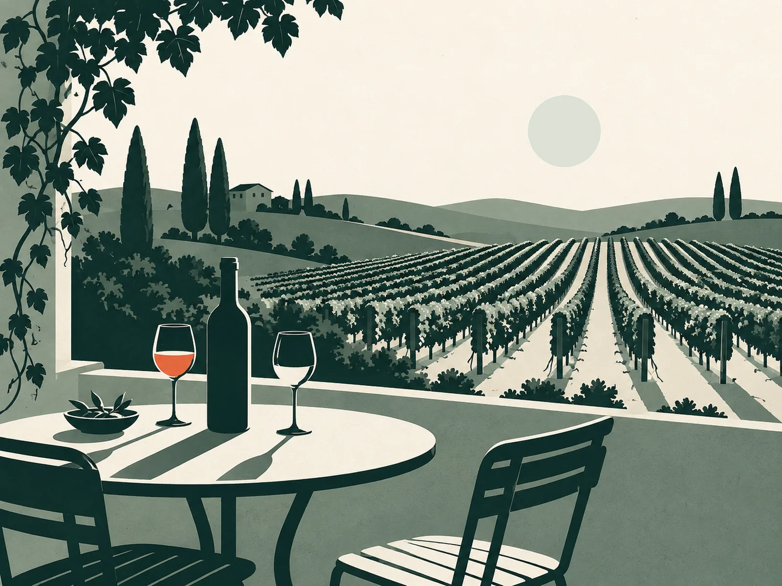 A tasting table at the edge of vineyard rows at golden hour
